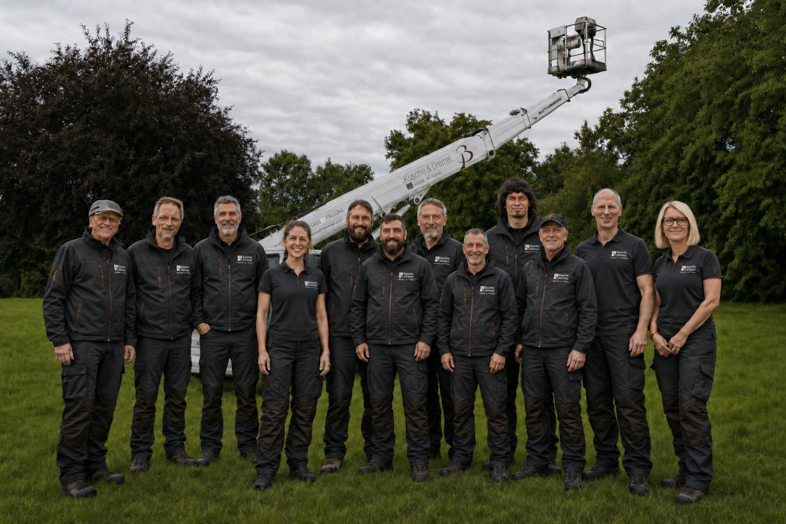 Das Team von Kusche & Dremel vor dem Hubsteiger auf einer Wiese