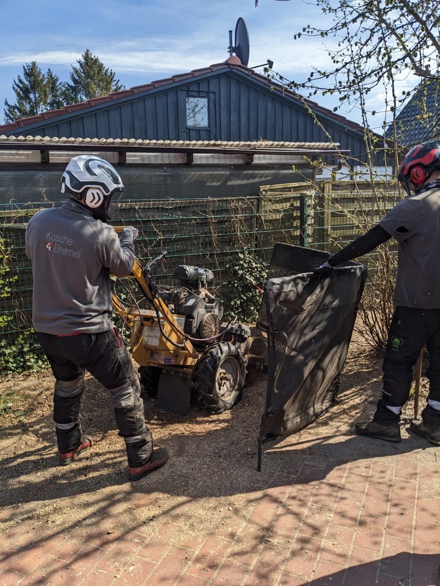 Team von Kusche & Dremel bei der Stubbenfräsung in Arbeitskleidung mit Helm